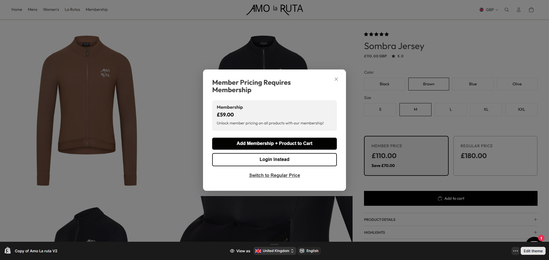 Membership popup: add membership and product to cart, or log in