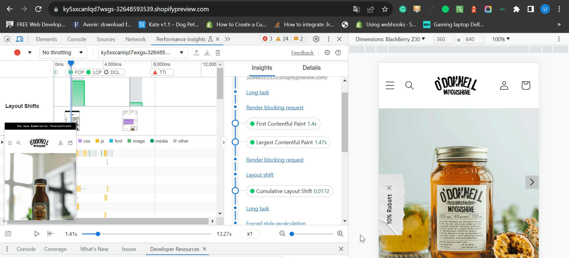 Chrome Performance insights on the optimized storefront: FCP 1.4s, LCP 1.47s, CLS 0.0172