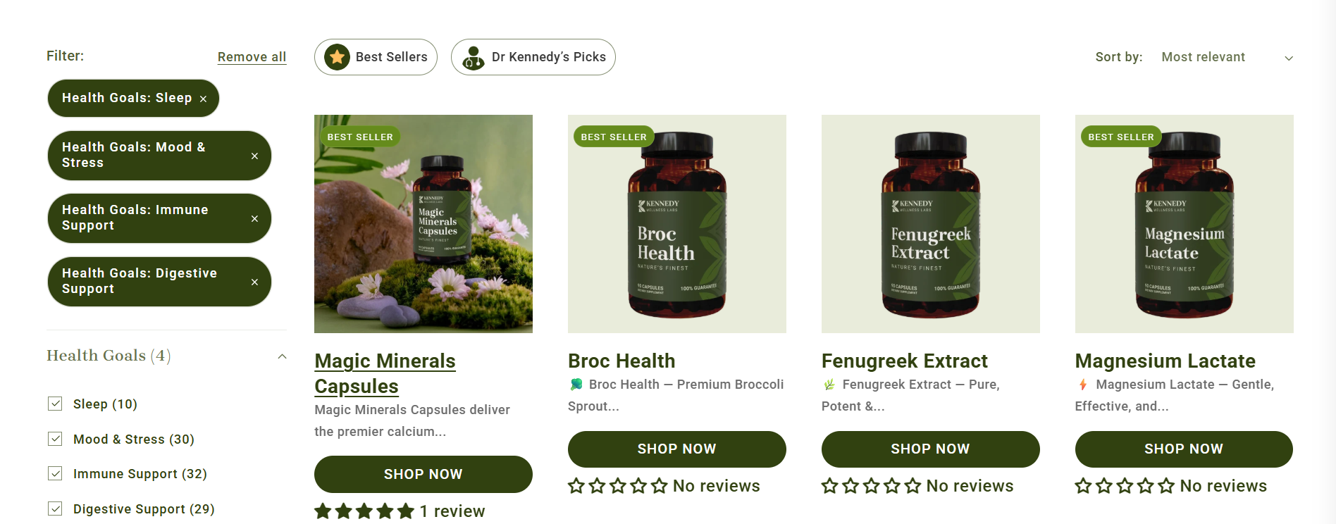 Collection page: health-goal filters applied
