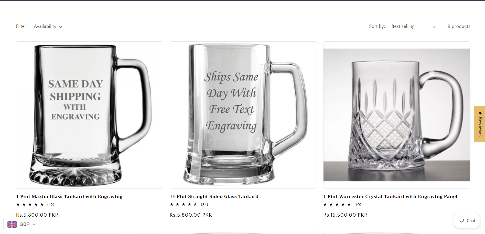 Glass tankards collection with availability filter and sort