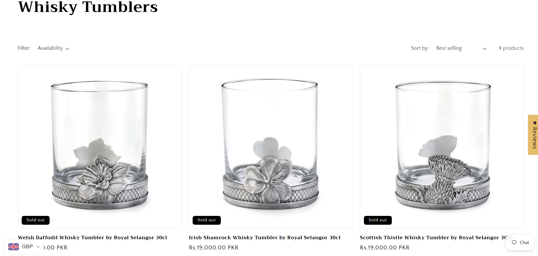 Whisky Tumblers collection page with sold-out badges