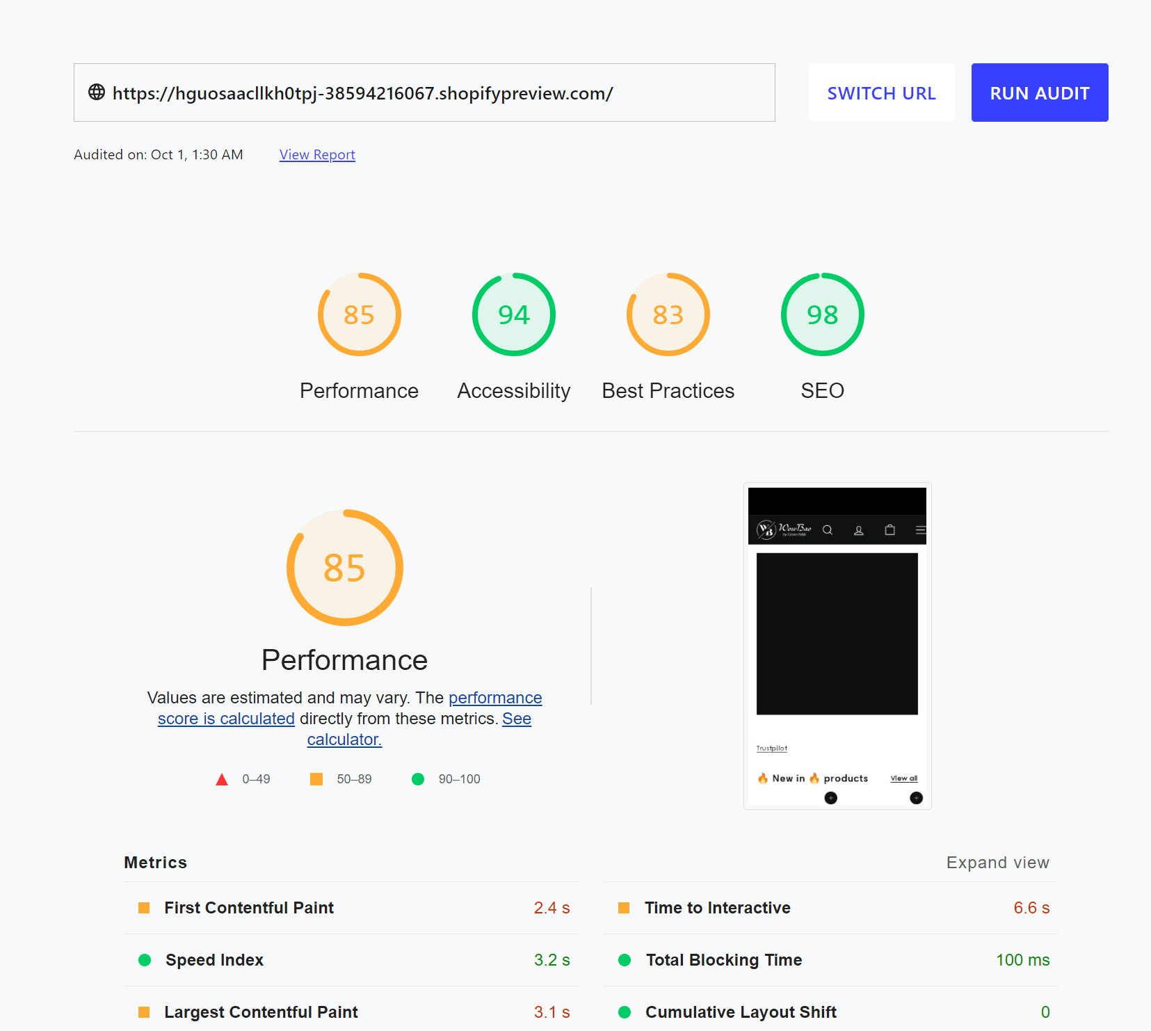 Lighthouse audit after optimization: performance 85, accessibility 94, best practices 83, SEO 98